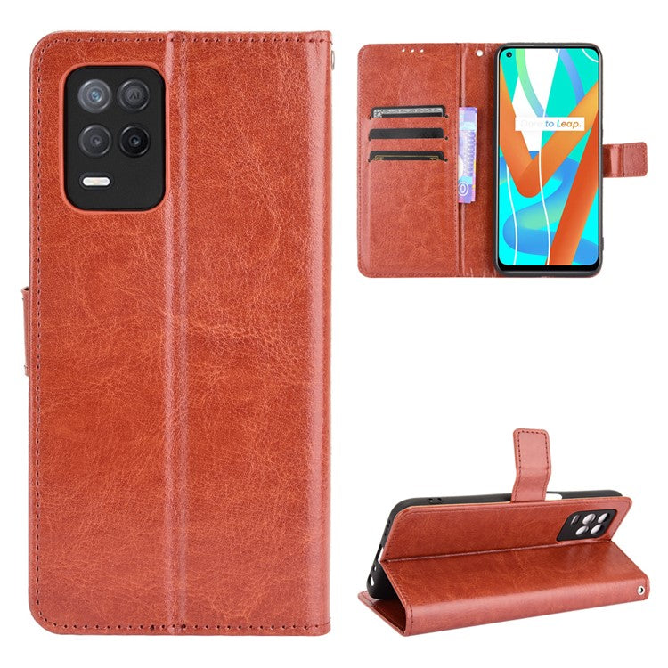 Crazy Horse Skin with Wallet Stand Leather Shell with Strap for Realme 8 5G/V13 5G/Narzo 30 5G - Brown