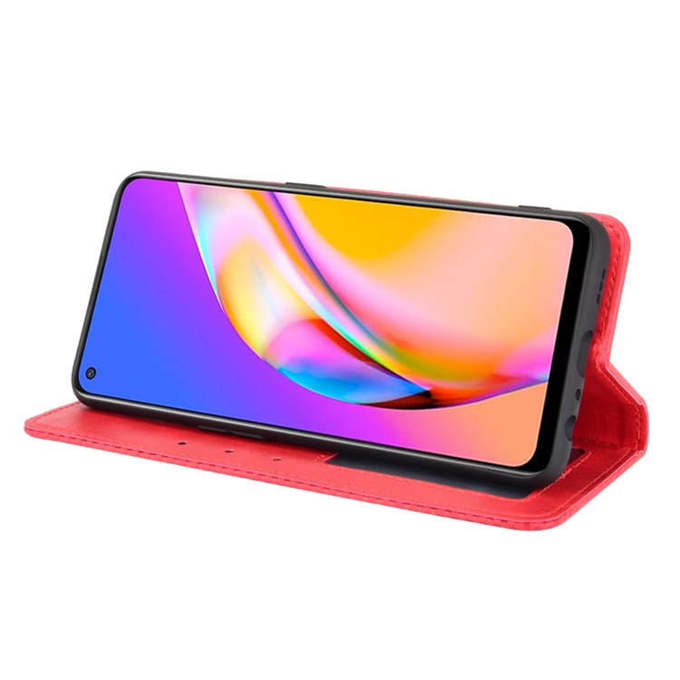 Vintage Style Magnetic Attraction Wallet Stand Phone Case Cover for Oppo A94 5G/Reno5 Z/F19 Pro+ 5G - Red