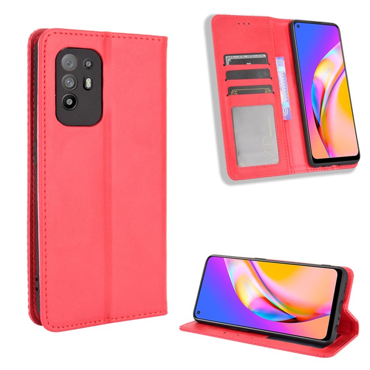 Vintage Style Magnetic Attraction Wallet Stand Phone Case Cover for Oppo A94 5G/Reno5 Z/F19 Pro+ 5G - Red