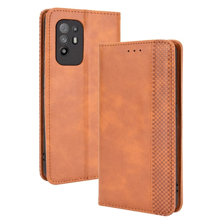 Vintage Style Magnetic Attraction Wallet Stand Phone Case Cover for Oppo A94 5G/Reno5 Z/F19 Pro+ 5G - Brown