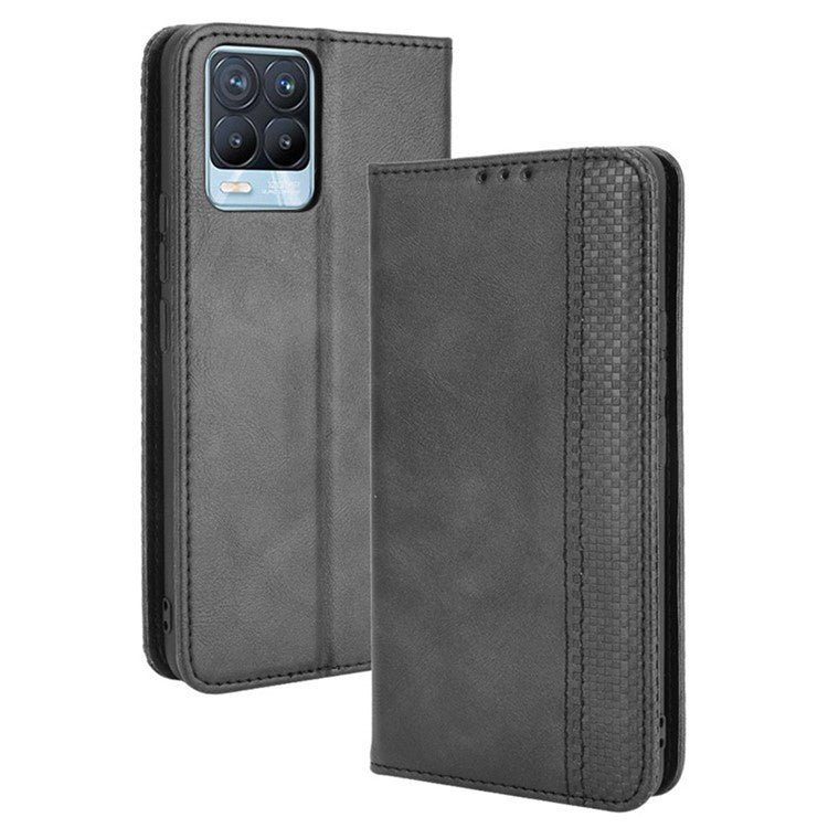 Vintage Style Leather Wallet Phone Case for Realme 8 4G/8 Pro 4G - Black