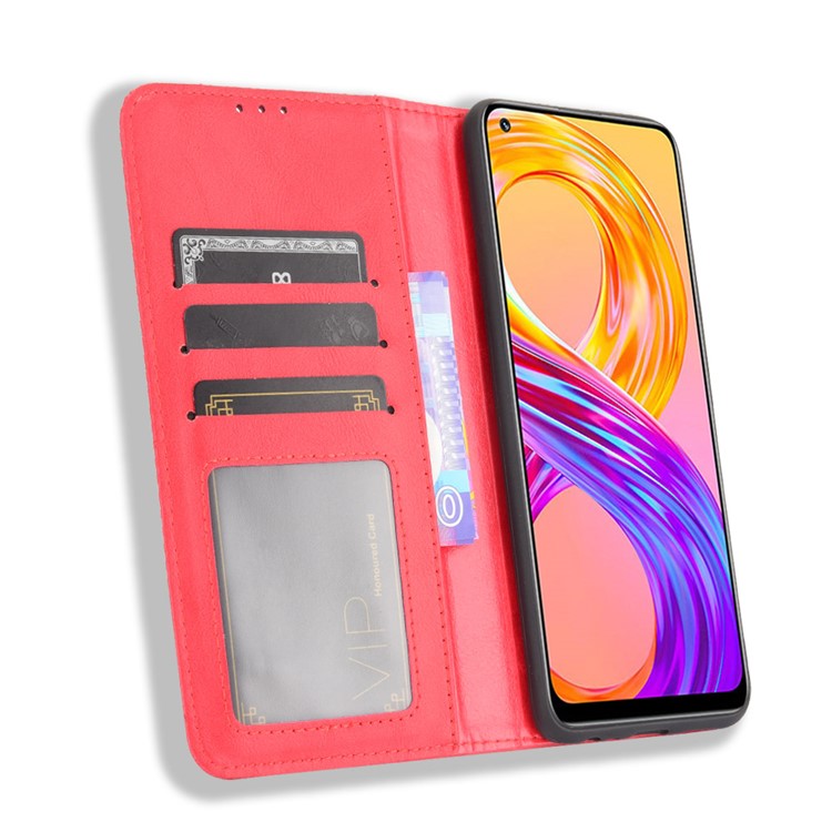 Vintage Style Leather Wallet Phone Case for Realme 8 4G/8 Pro 4G - Red