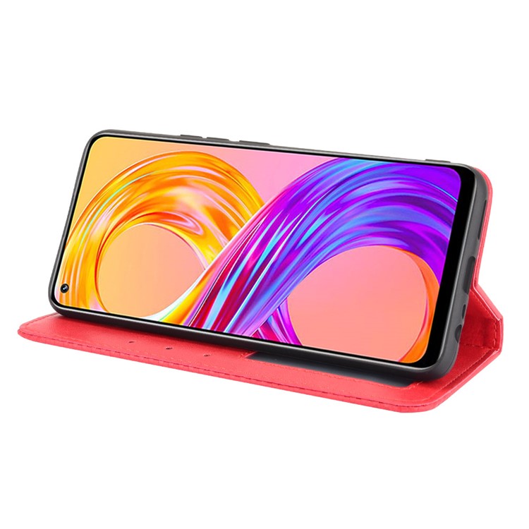 Vintage Style Leather Wallet Phone Case for Realme 8 4G/8 Pro 4G - Red