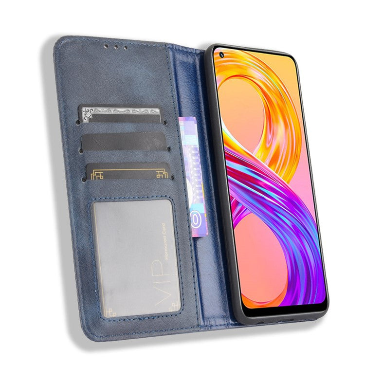 Vintage Style Leather Wallet Phone Case for Realme 8 4G/8 Pro 4G - Blue