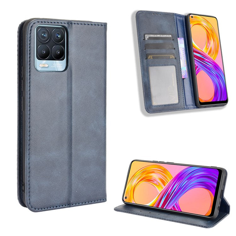 Vintage Style Leather Wallet Phone Case for Realme 8 4G/8 Pro 4G - Blue