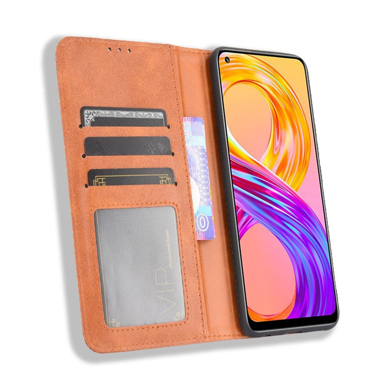 Vintage Style Leather Wallet Phone Case for Realme 8 4G/8 Pro 4G - Brown