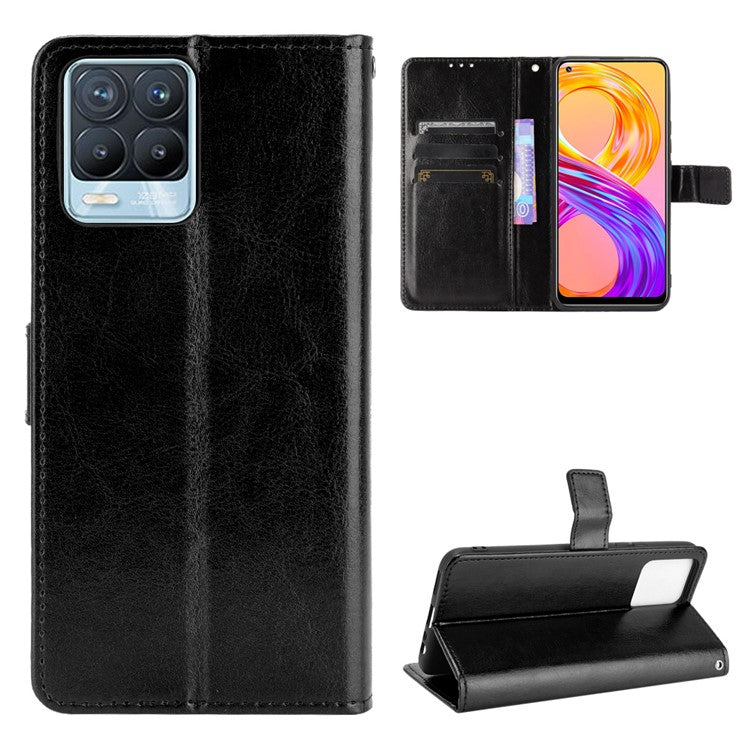 Crazy Horse Texture Wallet Stand Leather Phone Casing for Realme 8 4G/8 Pro 4G - Black