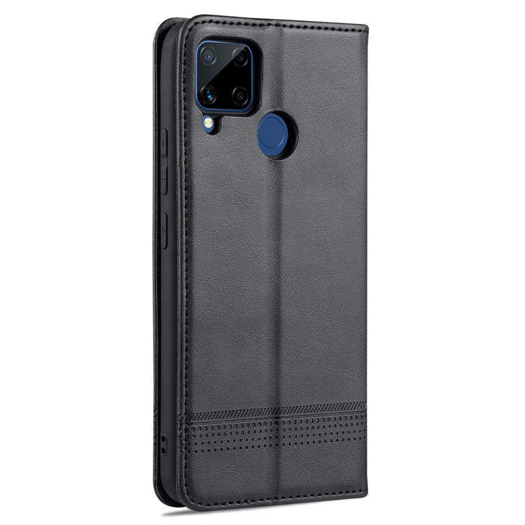 AZNS Stand Wallet Case Auto-absorbed Magnetic Leather Phone Shell for Realme C12/C15/C25/Narzo 30A - Black