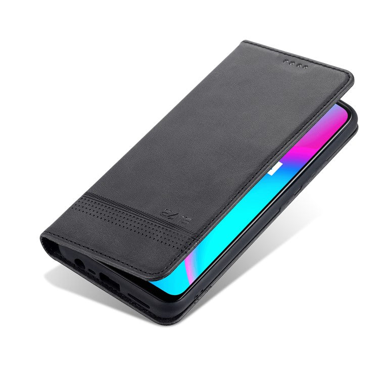 AZNS Stand Wallet Case Auto-absorbed Magnetic Leather Phone Shell for Realme C12/C15/C25/Narzo 30A - Black