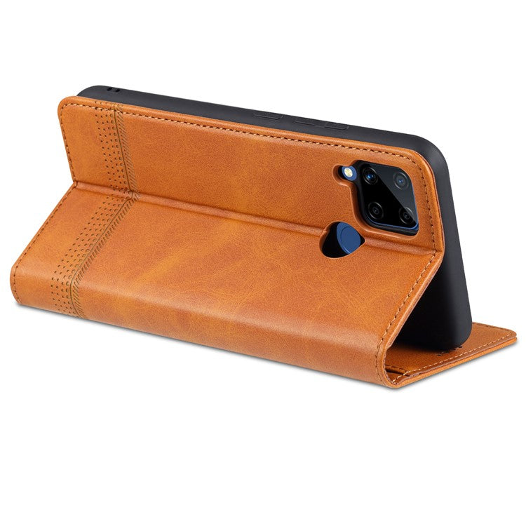AZNS Stand Wallet Case Auto-absorbed Magnetic Leather Phone Shell for Realme C12/C15/C25/Narzo 30A - Black