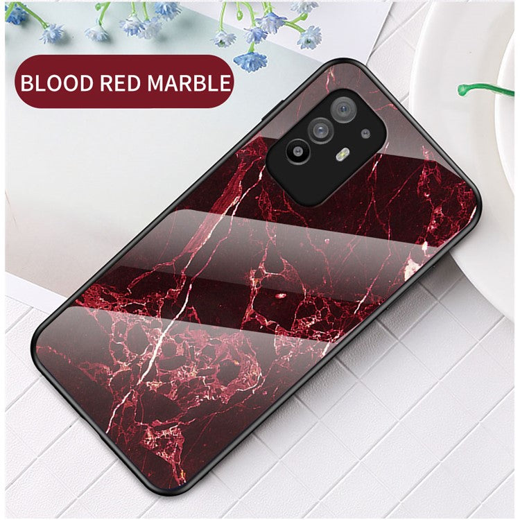 Well-Protected Marbling Pattern Design Anti-Scratch Tempered Glass Cell Phone Cover for Oppo A94 5G/F19 Pro+ 5G/Reno5 Z - Blood Red Marble