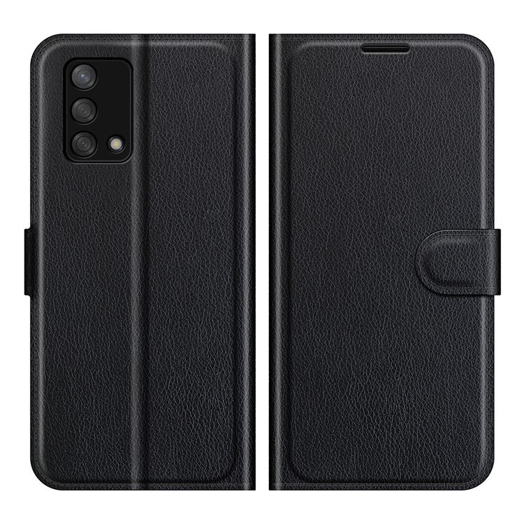Litchi Texture Leather Wallet Phone Case Folio Flip Cover with Stand for Oppo F19 / A74 4G - Black
