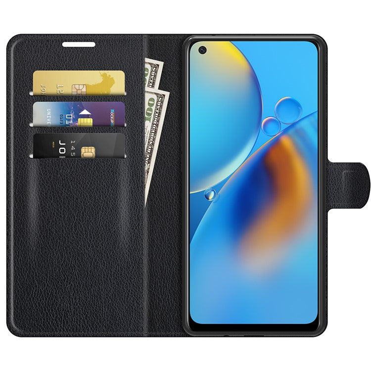 Litchi Texture Leather Wallet Phone Case Folio Flip Cover with Stand for Oppo F19 / A74 4G - Black