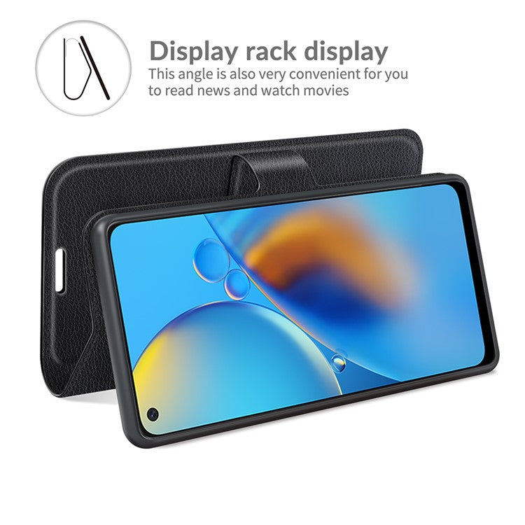 Litchi Texture Leather Wallet Phone Case Folio Flip Cover with Stand for Oppo F19 / A74 4G - Black