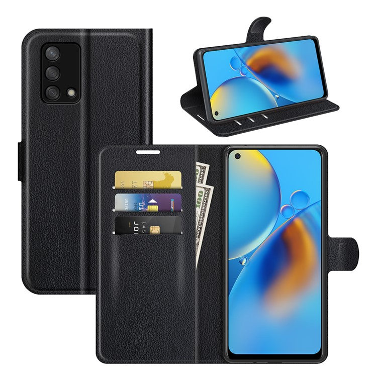 Litchi Texture Leather Wallet Phone Case Folio Flip Cover with Stand for Oppo F19 / A74 4G - Black