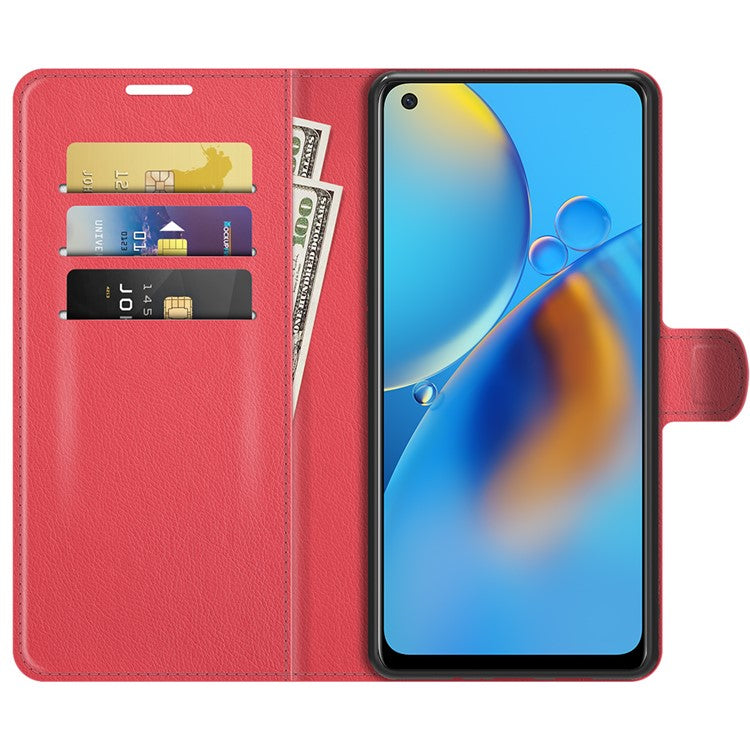 Litchi Texture Leather Wallet Phone Case Folio Flip Cover with Stand for Oppo F19 / A74 4G - Red