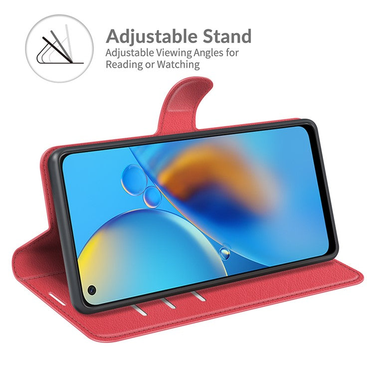 Litchi Texture Leather Wallet Phone Case Folio Flip Cover with Stand for Oppo F19 / A74 4G - Red