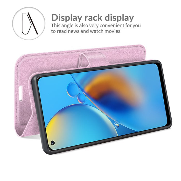 Litchi Texture Leather Wallet Phone Case Folio Flip Cover with Stand for Oppo F19 / A74 4G - Pink