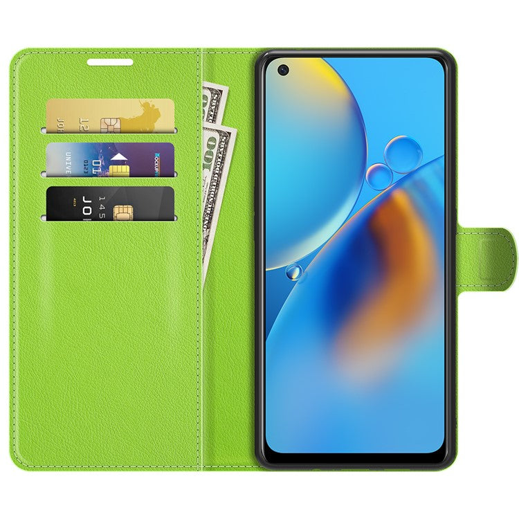 Litchi Texture Leather Wallet Phone Case Folio Flip Cover with Stand for Oppo F19 / A74 4G - Green