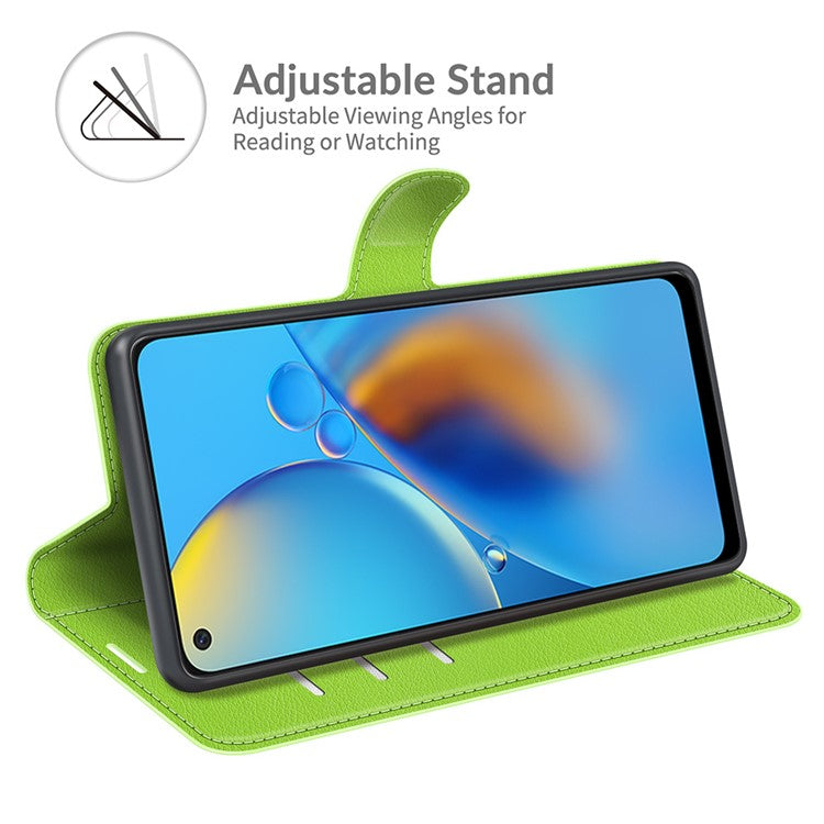 Litchi Texture Leather Wallet Phone Case Folio Flip Cover with Stand for Oppo F19 / A74 4G - Green