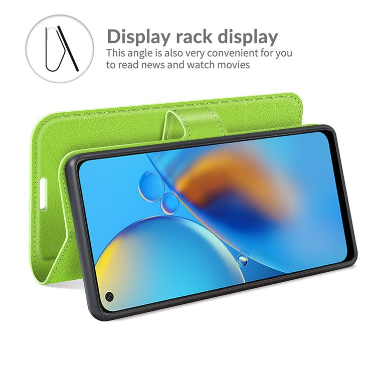 Litchi Texture Leather Wallet Phone Case Folio Flip Cover with Stand for Oppo F19 / A74 4G - Green
