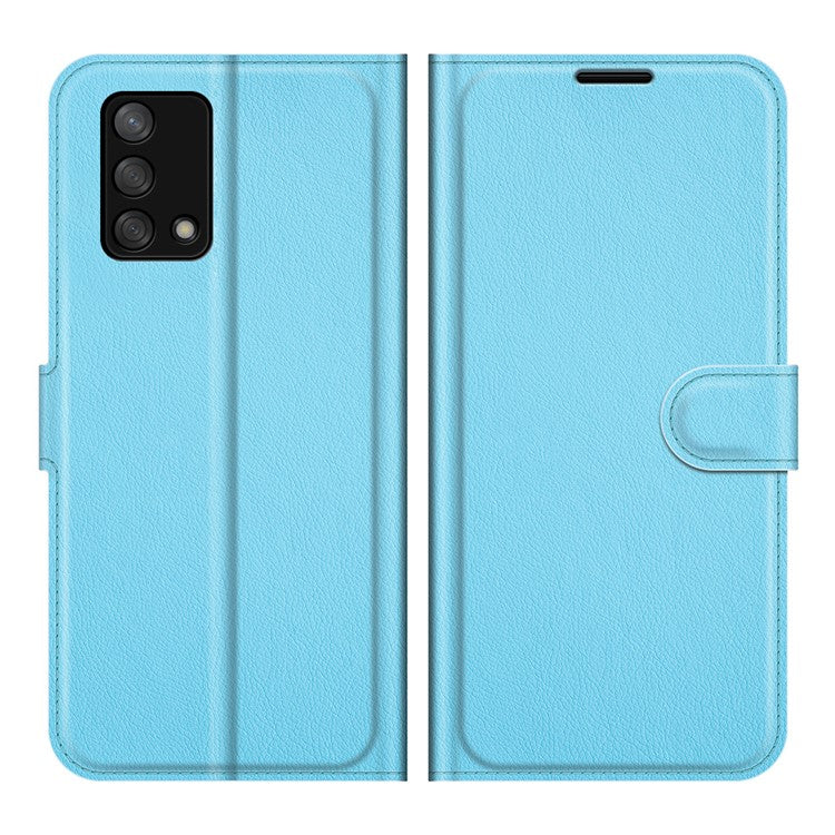 Litchi Texture Leather Wallet Phone Case Folio Flip Cover with Stand for Oppo F19 / A74 4G - Blue