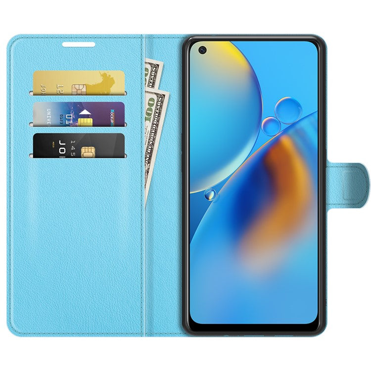 Litchi Texture Leather Wallet Phone Case Folio Flip Cover with Stand for Oppo F19 / A74 4G - Blue