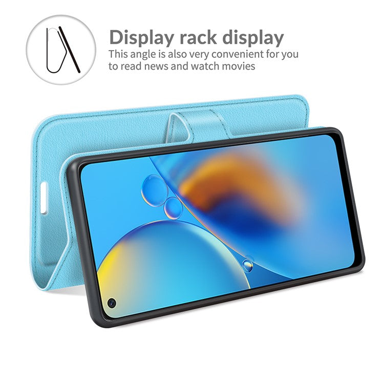 Litchi Texture Leather Wallet Phone Case Folio Flip Cover with Stand for Oppo F19 / A74 4G - Blue