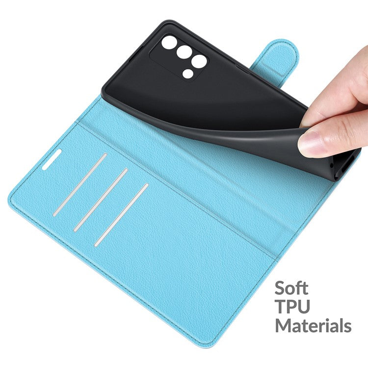 Litchi Texture Leather Wallet Phone Case Folio Flip Cover with Stand for Oppo F19 / A74 4G - Blue