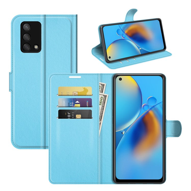 Litchi Texture Leather Wallet Phone Case Folio Flip Cover with Stand for Oppo F19 / A74 4G - Blue