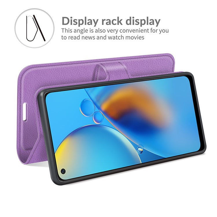 Litchi Texture Leather Wallet Phone Case Folio Flip Cover with Stand for Oppo F19 / A74 4G - Purple