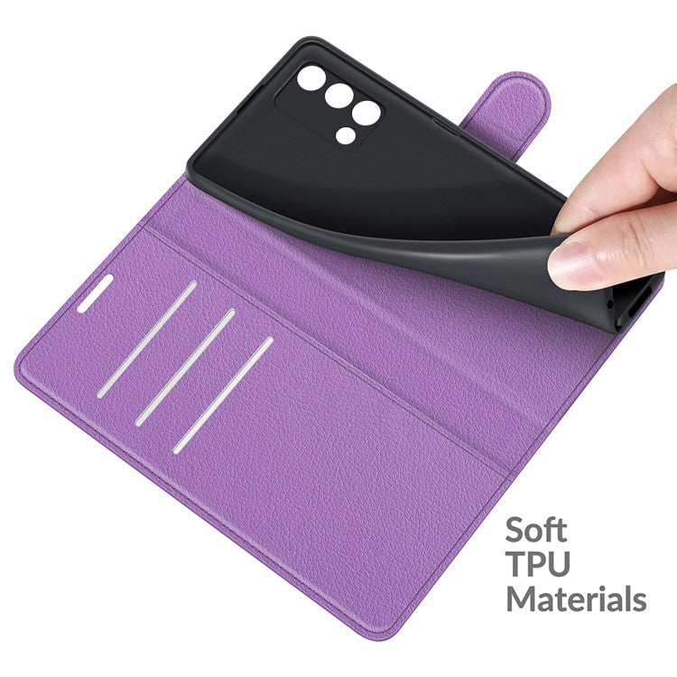 Litchi Texture Leather Wallet Phone Case Folio Flip Cover with Stand for Oppo F19 / A74 4G - Purple