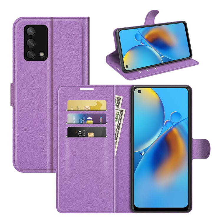 Litchi Texture Leather Wallet Phone Case Folio Flip Cover with Stand for Oppo F19 / A74 4G - Purple
