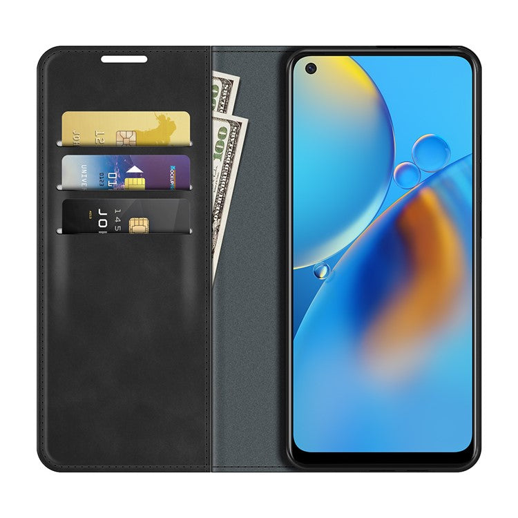 Skin-touch Leather Protective Cover Auto-Absorbed Case with Wallet Stand for Oppo F19/A74 4G - Black