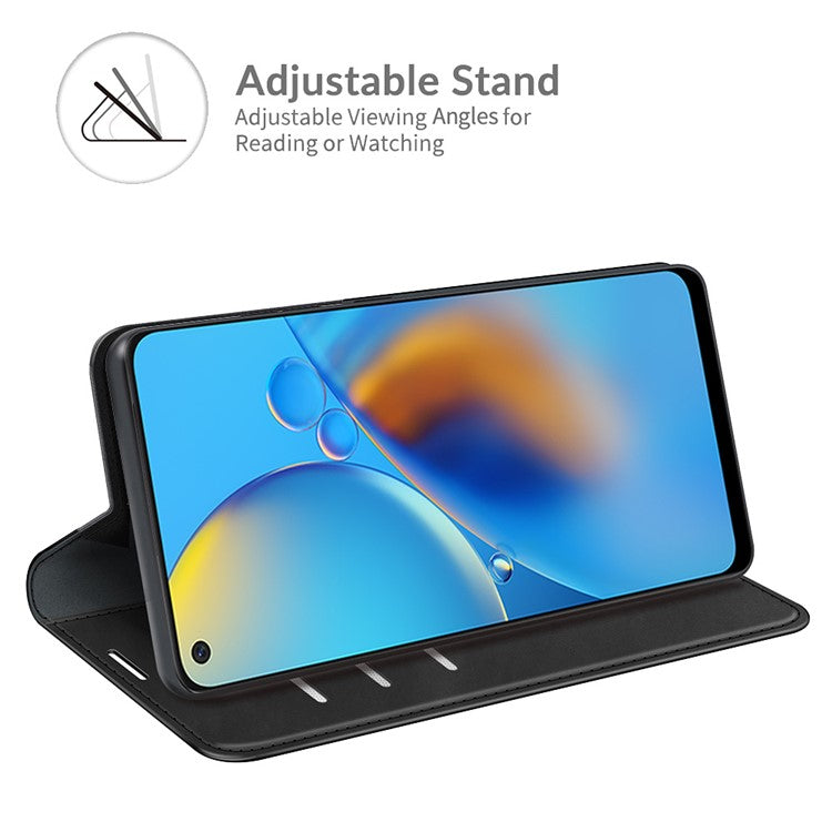 Skin-touch Leather Protective Cover Auto-Absorbed Case with Wallet Stand for Oppo F19/A74 4G - Black