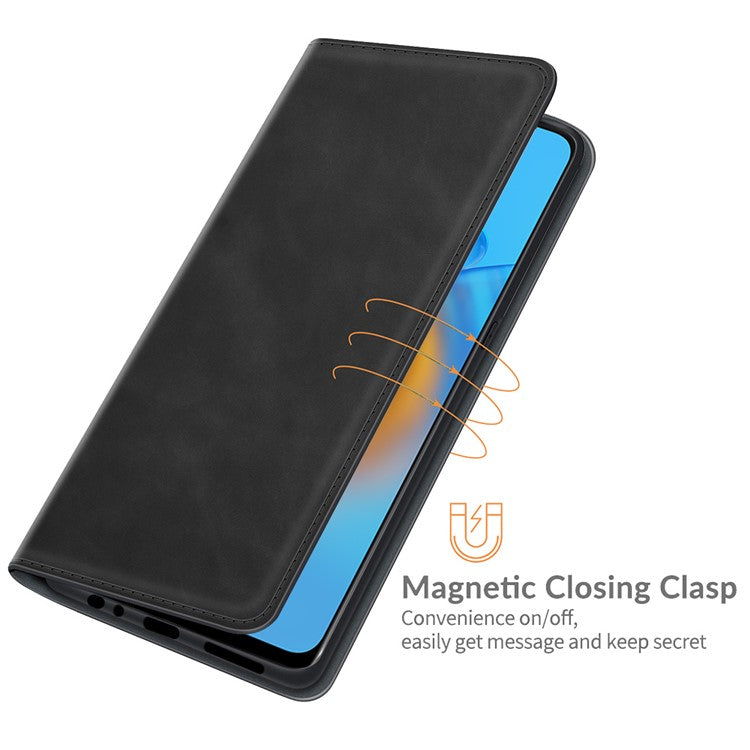 Skin-touch Leather Protective Cover Auto-Absorbed Case with Wallet Stand for Oppo F19/A74 4G - Black