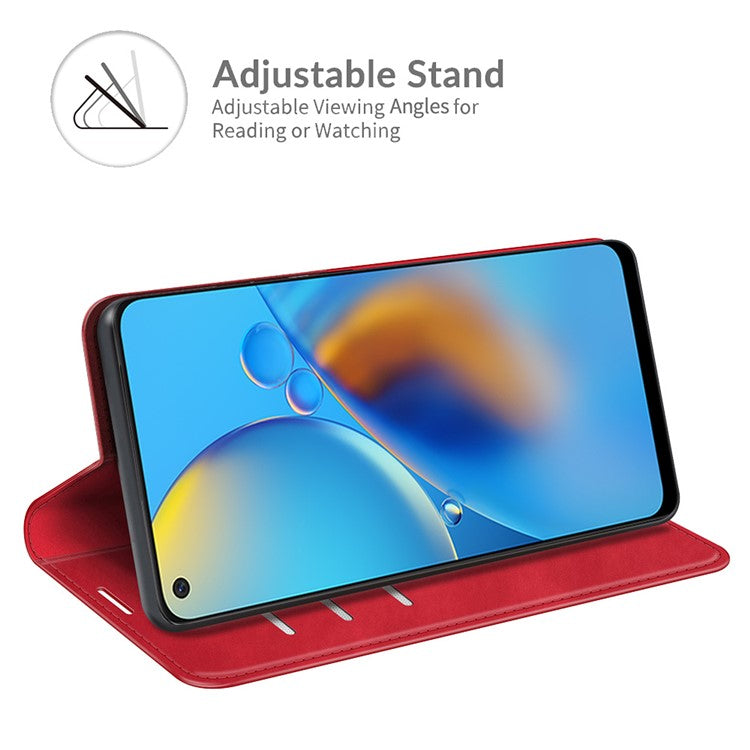 Skin-touch Leather Protective Cover Auto-Absorbed Case with Wallet Stand for Oppo F19/A74 4G - Red