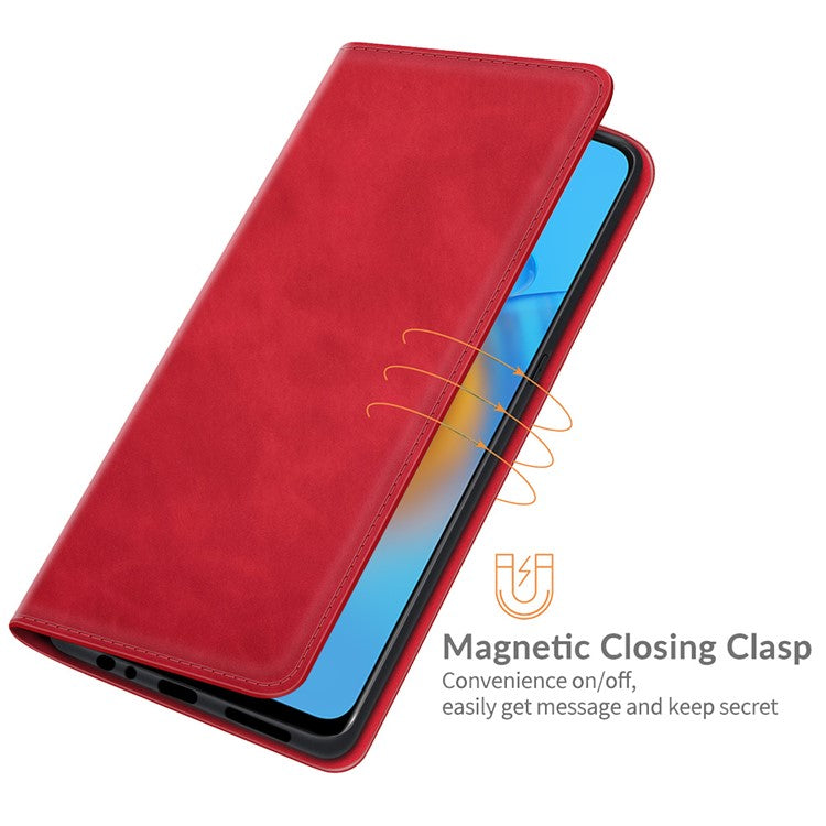 Skin-touch Leather Protective Cover Auto-Absorbed Case with Wallet Stand for Oppo F19/A74 4G - Red