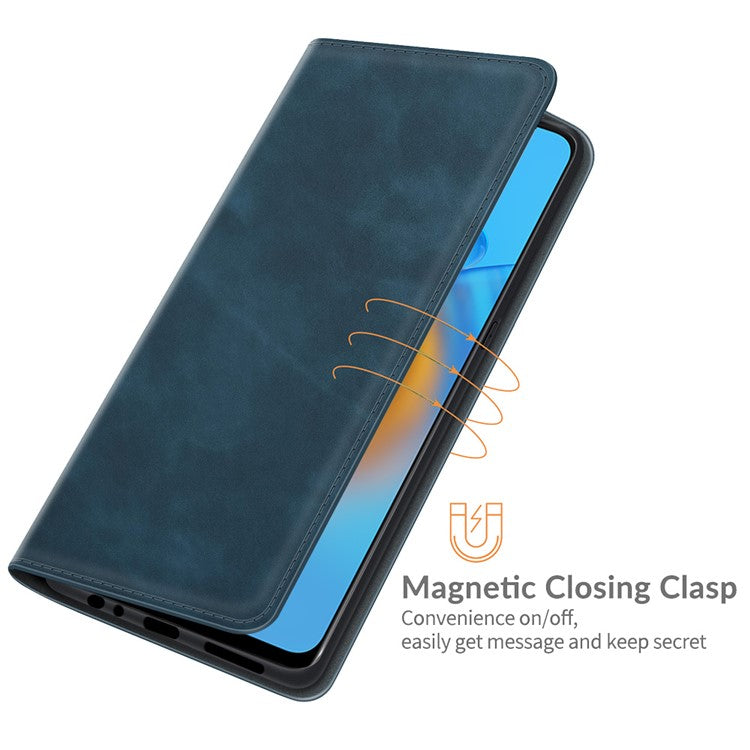 Skin-touch Leather Protective Cover Auto-Absorbed Case with Wallet Stand for Oppo F19/A74 4G - Blue