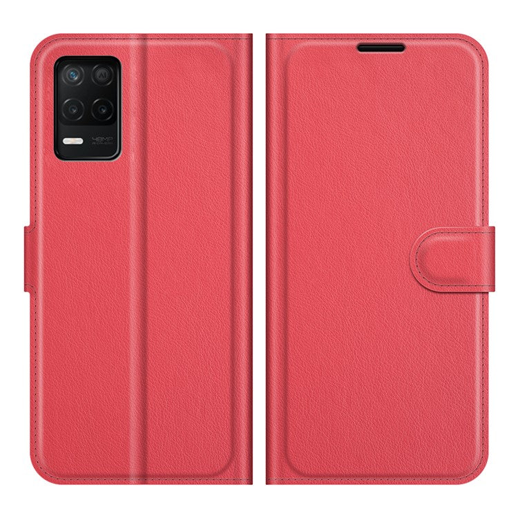 Leather Wallet Phone Case Litchi Texture Phone Cover with Stand for Realme 8 5G/V13 5G/Narzo 30 5G - Red