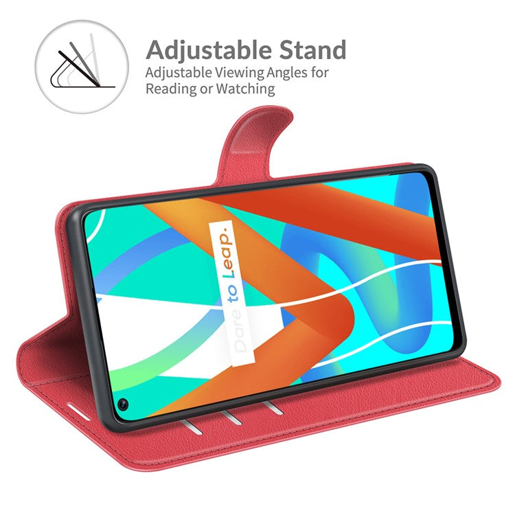 Leather Wallet Phone Case Litchi Texture Phone Cover with Stand for Realme 8 5G/V13 5G/Narzo 30 5G - Red