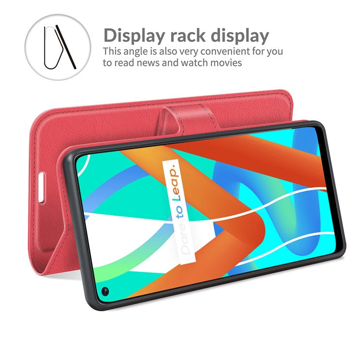 Leather Wallet Phone Case Litchi Texture Phone Cover with Stand for Realme 8 5G/V13 5G/Narzo 30 5G - Red