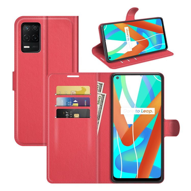 Leather Wallet Phone Case Litchi Texture Phone Cover with Stand for Realme 8 5G/V13 5G/Narzo 30 5G - Red