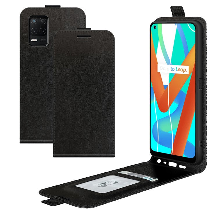 Card Holder Design Crazy Horse Texture Vertical Flip Leather Case for Realme 8 5G/V13 5G/Narzo 30 5G - Black