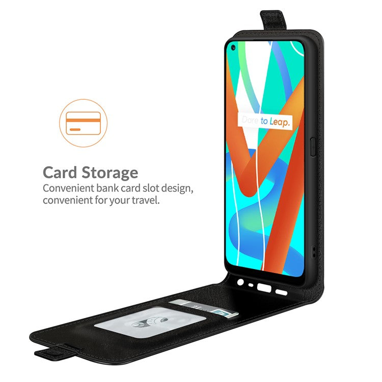 Card Holder Design Crazy Horse Texture Vertical Flip Leather Case for Realme 8 5G/V13 5G/Narzo 30 5G - Black