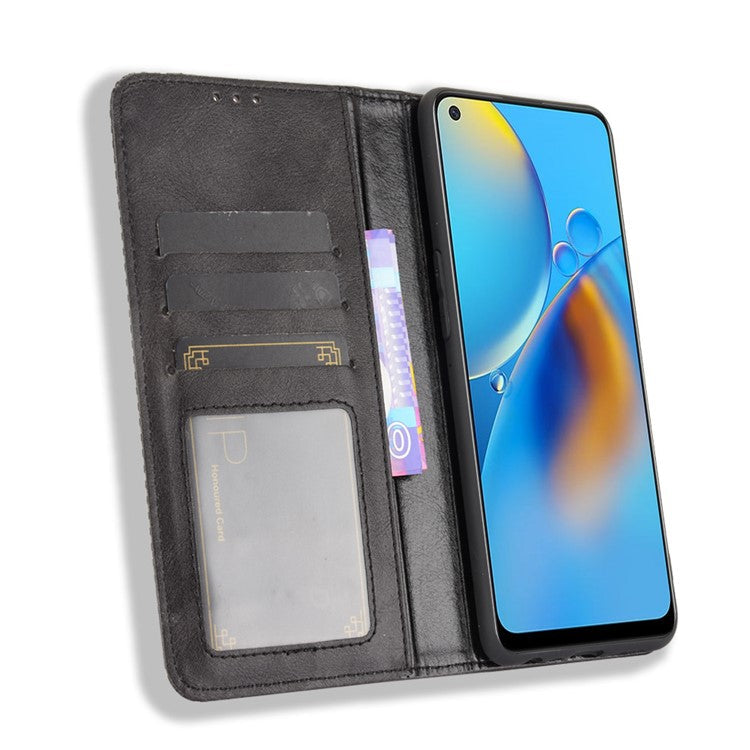 Wallet Stand Vintage Style Phone Case Magnetic Closure Leather Cover for Oppo F19/A74 4G - Black