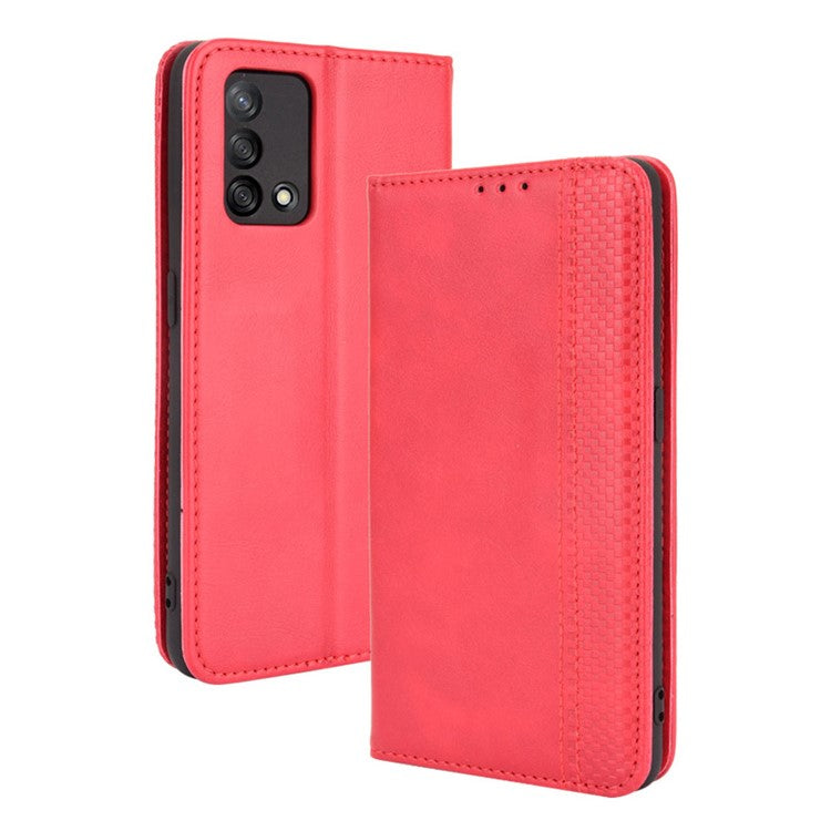 Wallet Stand Vintage Style Phone Case Magnetic Closure Leather Cover for Oppo F19/A74 4G - Red