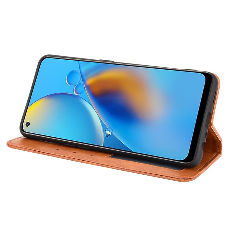 Wallet Stand Vintage Style Phone Case Magnetic Closure Leather Cover for Oppo F19/A74 4G - Brown