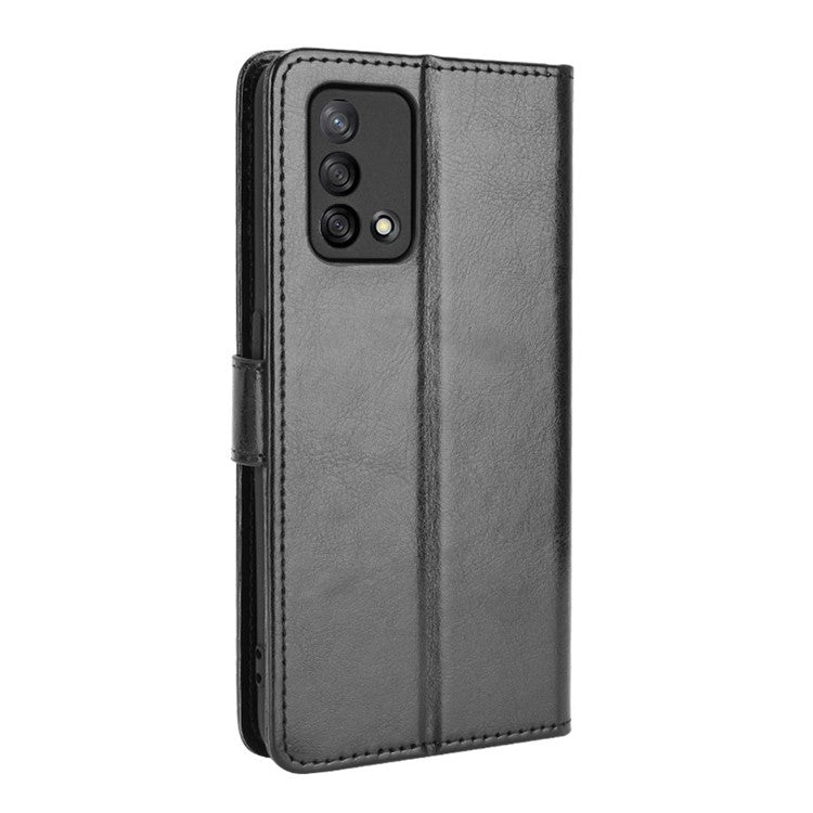 Wallet Design Crazy Horse Skin Leather Stand Shell with Strap for Oppo A74 4G / F19 - Black