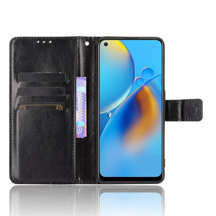 Wallet Design Crazy Horse Skin Leather Stand Shell with Strap for Oppo A74 4G / F19 - Black